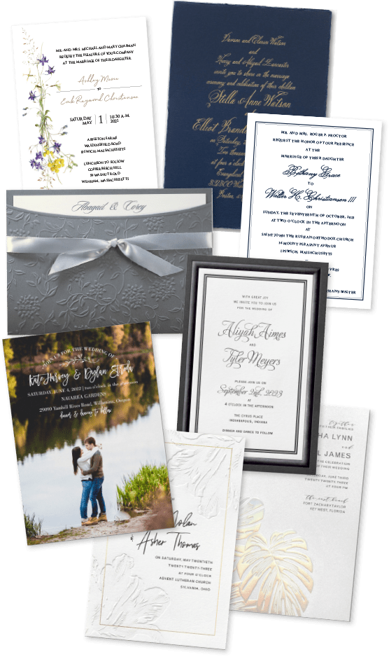Collage of traditional and exceptional wedding invitations w/ full color, foil stamping, embossing, synthetic papers, sleeve with ribbon, custom graphic design.