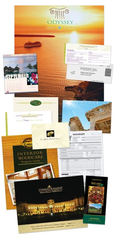 Collage of poster, calendar, insert, reply card, envelope, letterhead, postcard, note card, stationery, business form, presentation folder, brochure, booklet.
